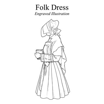 Folk dress engraved illustration showing traditional attire in a vintage style