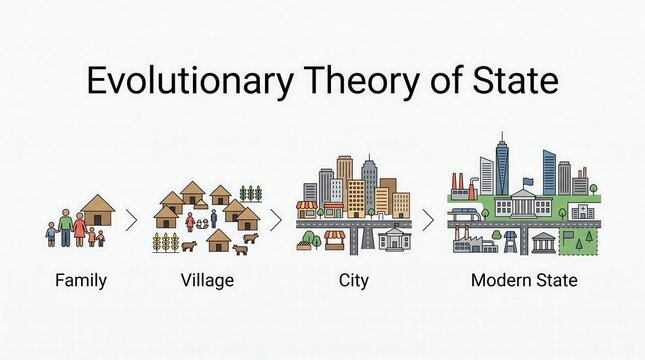 Evolutionary theory of state development process showing transition from family to village to city and finally modern state structure