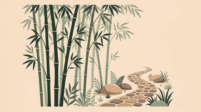 Traditional chinese ink wash painting of a bamboo forest with a stone path in a minimalist style