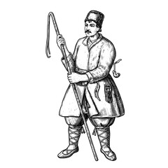 Obraz premium Engraved illustration of a man in traditional clothing holding a staff