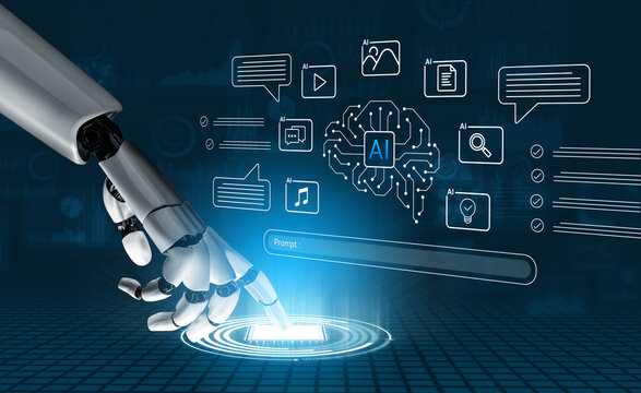 A detailed image showcasing a robot hand interacting with a digital AI interface. It illustrates advanced technology themes, featuring multiple data icons, blending creativity with innovation. Cyphers