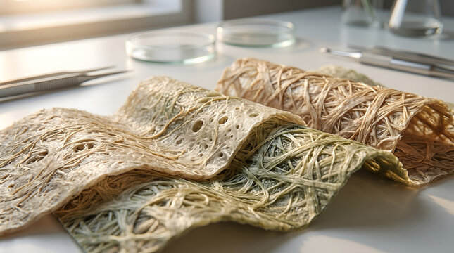 Sustainable mycelium bio-textile samples in laboratory, eco-friendly organic material research, innovative biodegradable fabric texture