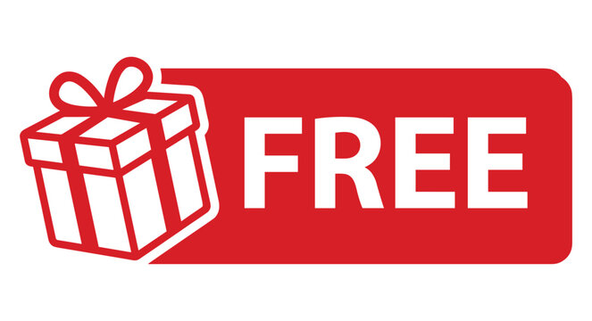 Red rectangular label with a white gift box icon and the text free promo badge red button sales tag promotional icon promotional material