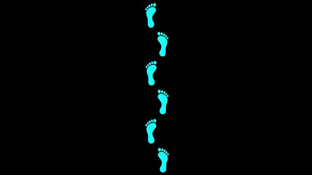 Animated Human Barefoot Footprints Appearing from Bottom to Top, Seamless Walking Path Motion on Transparent black Background animation. Animation of 4k video.