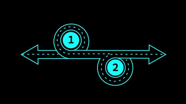 Animated two-step process infographic with circular path and directional arrows on black background. Animation of 4k video.