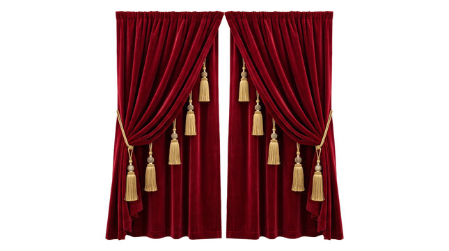 Luxurious red velvet curtains with decorative golden tassels isolated on a black background for theatrical stage design elements