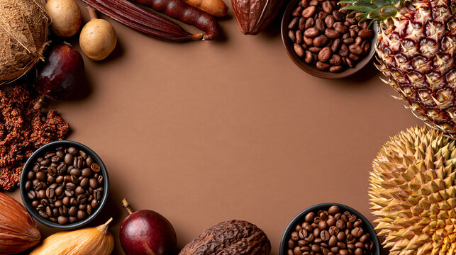 Exotic brown fruits forming frame on chocolate background. Healthy nutrition, organic food, vitamin concept. Flat lay for culinary advertising and menu background with copy space
