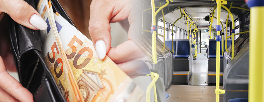 Euro banknotes inside black wallet. Public bus interior with empty seats. Urban transport cost background. Passenger fare and travel expenses. European transportation concept. City mobility costs.
