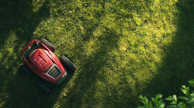 Red robotic lawnmower diligently cutting a vibrant green lawn, demonstrating automated yard care in a sunlit outdoor setting