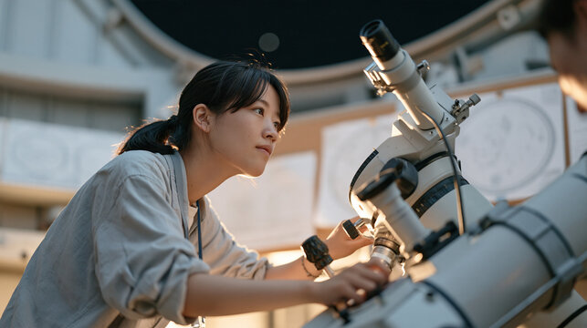 A Mongolian astronomy student adjusting the controls of a large optical telescope mounted inside a campus observatory dome, star charts pinned to a corkboard behind the eyepiece