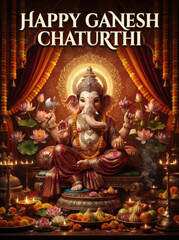 Fototapeta premium Regal ganesha statue wearing red silk attire with modak sweets and lit oil lamps for traditional ganesh chaturthi festival ritual.
