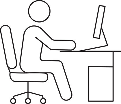 Person working at computer desk icon set&nbsp;.  &nbsp;outline, solid black, and blue color variations, office worker vector. &nbsp;solid black, and blue style variations. Employee at computer desk icon. symbol. Sim