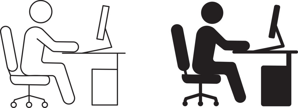 Person working at computer desk icon set&nbsp;.  &nbsp;outline, solid black, and blue color variations, office worker vector. &nbsp;solid black, and blue style variations. Employee at computer desk icon. symbol. Sim