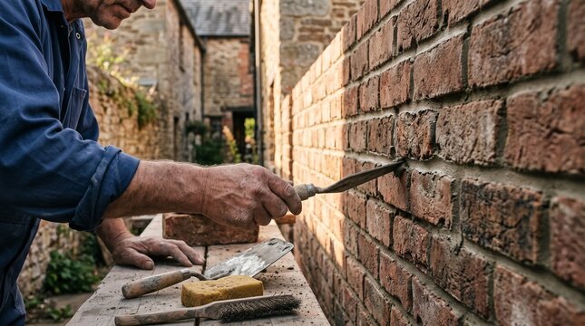 Bricklayer using a pointing tool to finish mortar joints