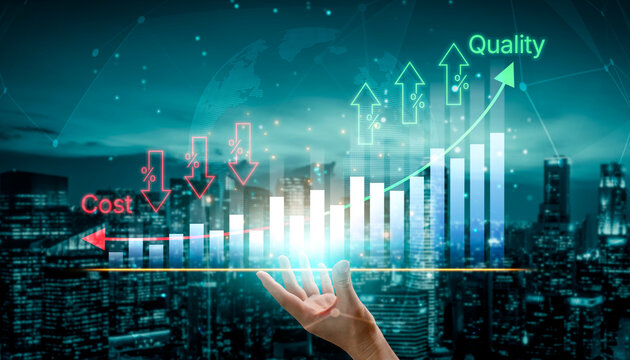 Business Growth Representation with Hand Showing Bar Graph, Cost Reduction, and Quality Improvement in a City Background. Bitwise.