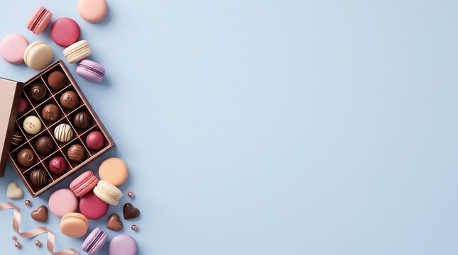 Assorted chocolate truffles and colorful macarons on a light blue background