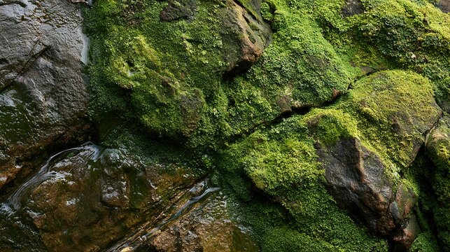Green moss texture on wet rocks.