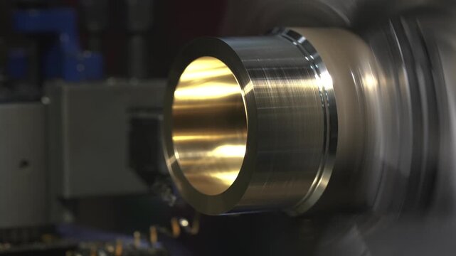 A time-lapse of the process of manufacturing a metal part from a blank on a CNC lathe using drills and cutting tools.