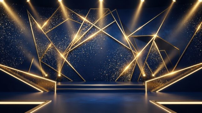 Luxury blue and gold stage background with spotlights and geometric lines