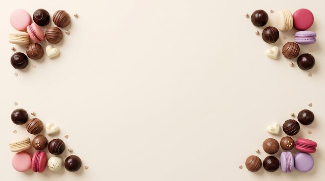Assorted chocolates and macarons arranged as a border on a light background