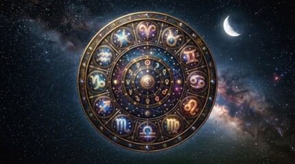 Fototapeta premium Zodiac circle with astrological signs against a starry night sky with moon