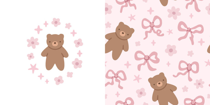 Cute pink bow seamless pattern and Teddy Bear card. Nursery repeat background with flowers and sparkles. Soft pastel design for baby textiles, wrapping paper. Flat vector illustration, hand drawn,