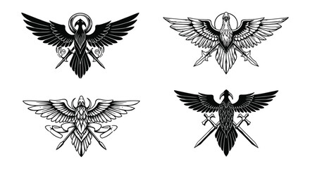 Fototapeta premium Set of vector illustrations featuring majestic eagles with outstretched wings and crossed swords