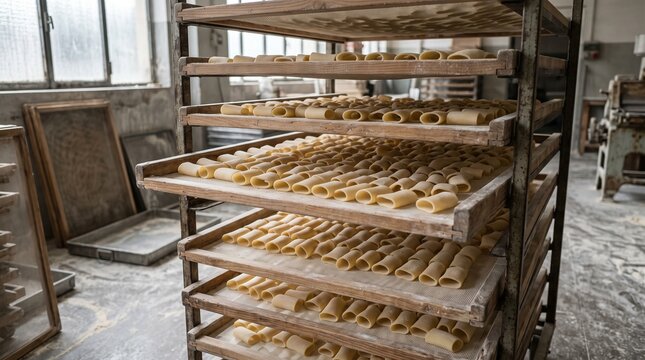 Fresh paccheri drying on wooden frames in a pasta factory