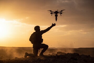 Obraz premium Soldier in silhouette on one knee, reaching up and releasing a weapon from a drone in a dusty desert landscape at sunset