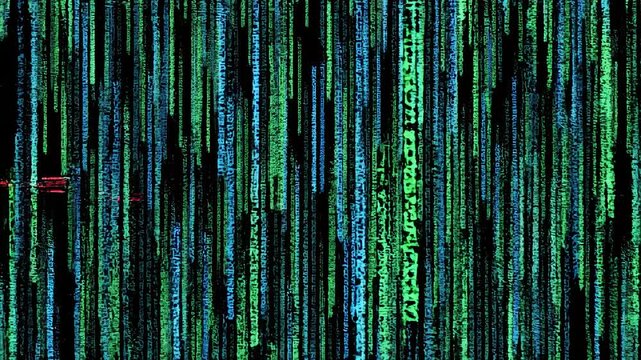 Abstract digital rain data streams cascading in green and blue tones with futuristic tech concept