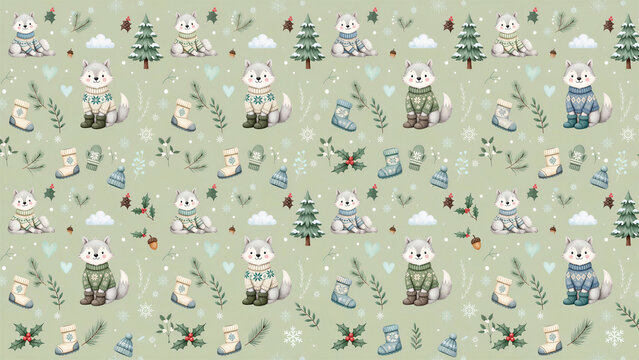 Seamless pattern featuring winter wolves