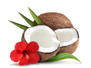 Naklejka premium Fresh coconuts, hibiscus flower and green leaves isolated on white