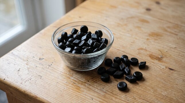 Black liquorice pastilles in a glass bowl on a wooden table