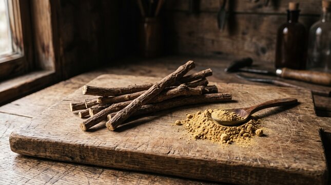 Dried liquorice root sticks and powder on a wooden board