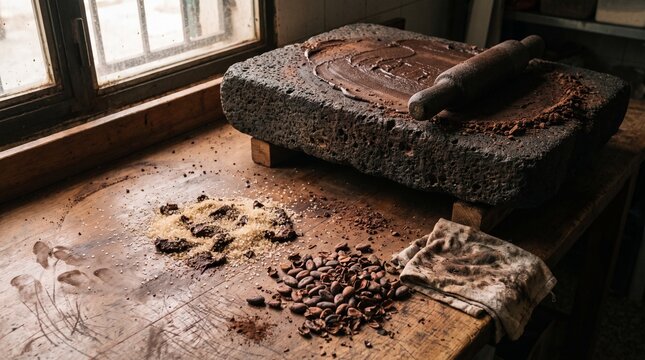 Volcanic stone grinding slab with cocoa paste and beans
