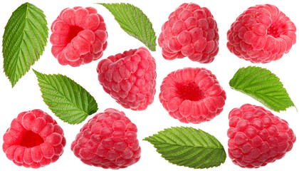 Fresh sweet raspberries and green leaves isolated on white, set © New Africa