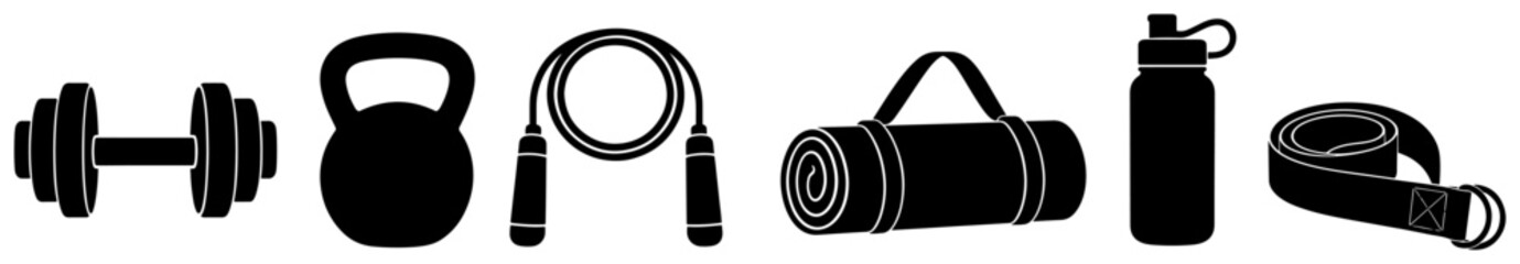 Fototapeta premium Fitness equipment with weights jump rope and mat silhouettes