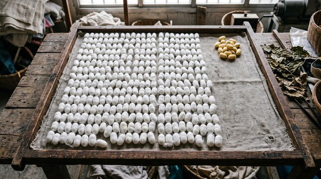 Rows of selected white silk cocoons on a wooden frame