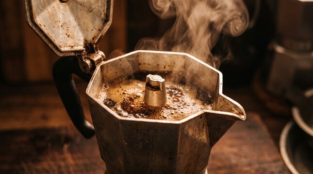 vintage metal moka pot with hot steam brewing coffee closeup view