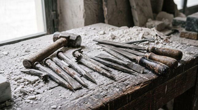 Marble sculptor chisels rasps and hammer on a dusty bench
