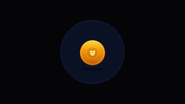 Golden coin with shield symbol glowing on dark background representing security and wealth