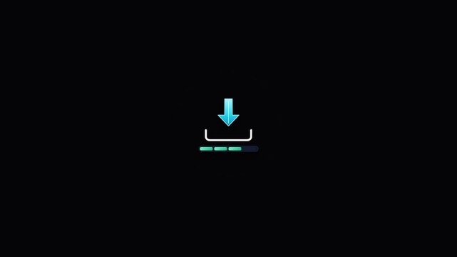Minimalist download icon with glowing blue arrow and progress bar on dark background