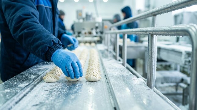 Food production worker in gloves places dumplings on a conveyor belt in a freezing factory, showcasing food safety and industrial process