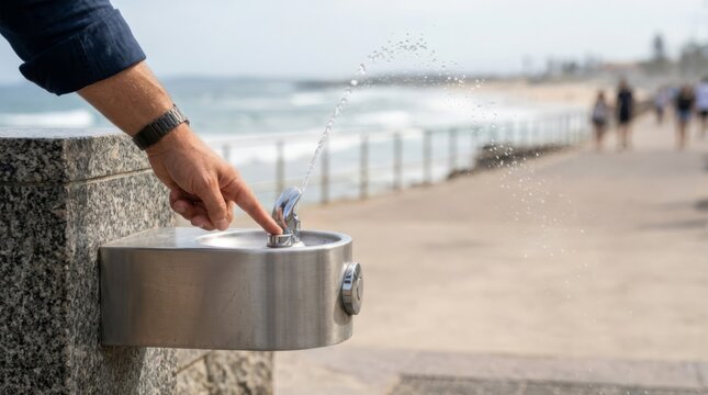 Hand presses button on chrome drinking fountain by the ocean on a sunny day, outdoor activity