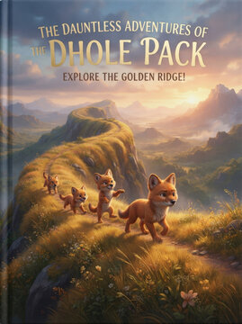 Dauntless adventures of dhole pack explore golden ridge cinematic fox cub characters hiking across scenic mountain path storybook.