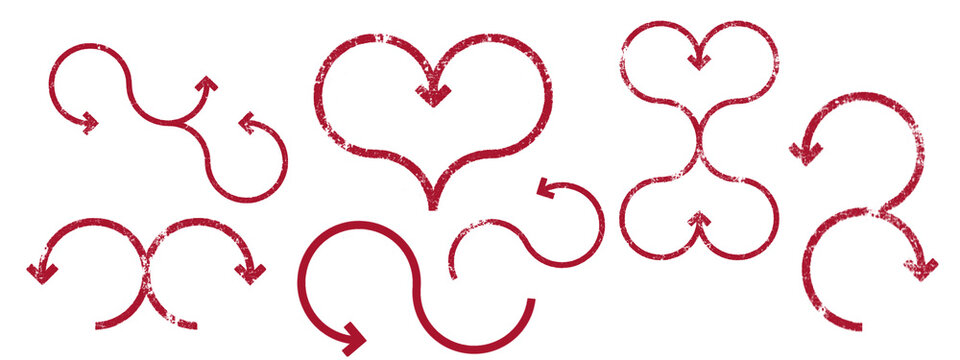 Conjunto de flechas curvas dibujadas a mano en color rojo con formas onduladas y de coraz&oacute;n sobre fondo transparente