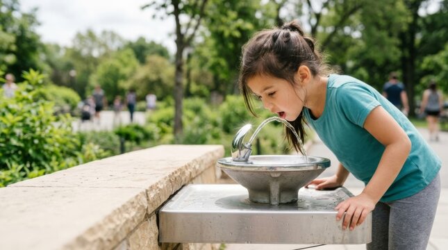 Young girl drinks from a park fountain on a sunny day, refreshing hydration in an urban park setting with copy space