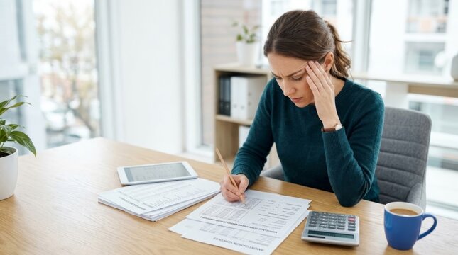 Stressed woman calculating mortgage overpayments at a desk with documents and calculator