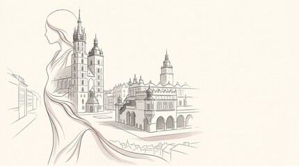Obraz premium Surreal Krakow cityscape merging with female silhouette and St Mary Basilica