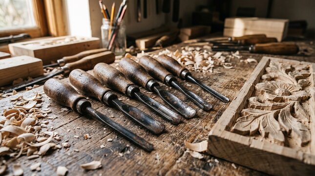 Woodcarving gouges with wood chips and a half carved panel